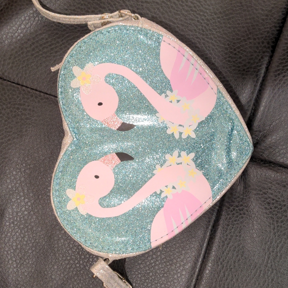 🦩Angel's heart shape flamingo glitter girls handbag❤️